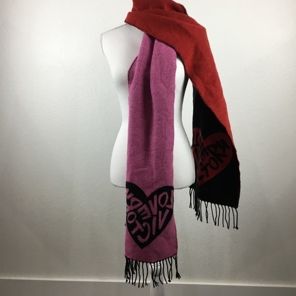 VICTORIA’S Secret Love Victoria Fringed Red Pink Black Color Block Scarf - Picture 10 of 10